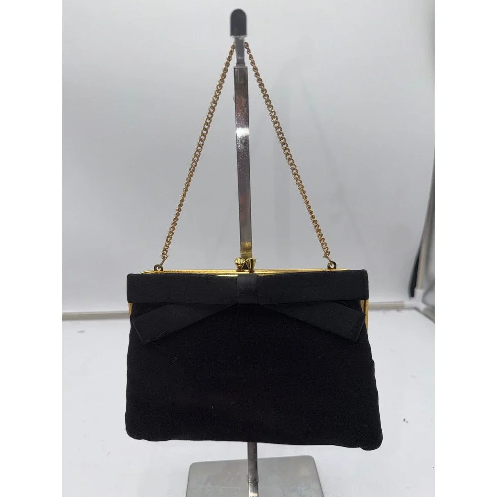 Peck & Peck Vintage Fifth Avenue Black Silk Crepe Bow Evening Bag Gold Chain
